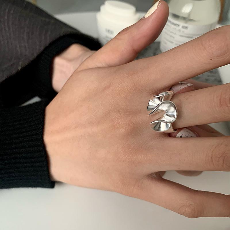 Korean Style 925 Sterling Silver Frosted Lotus Petal Adjustable Wave Ring