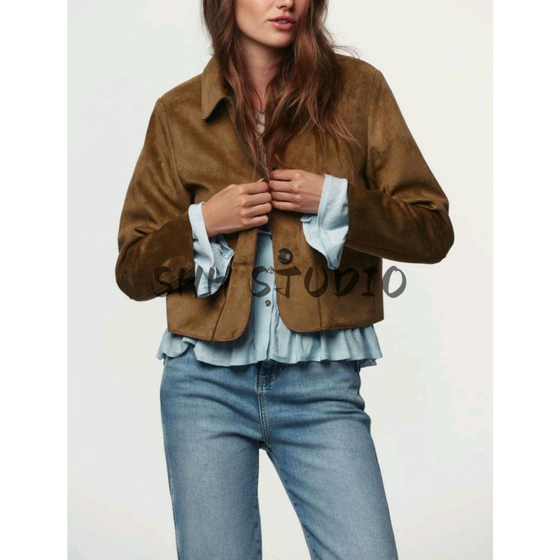Fall New Women's Clothing American Lapel Long Sleeves Pu Suede Effect Short Jacket 4968224