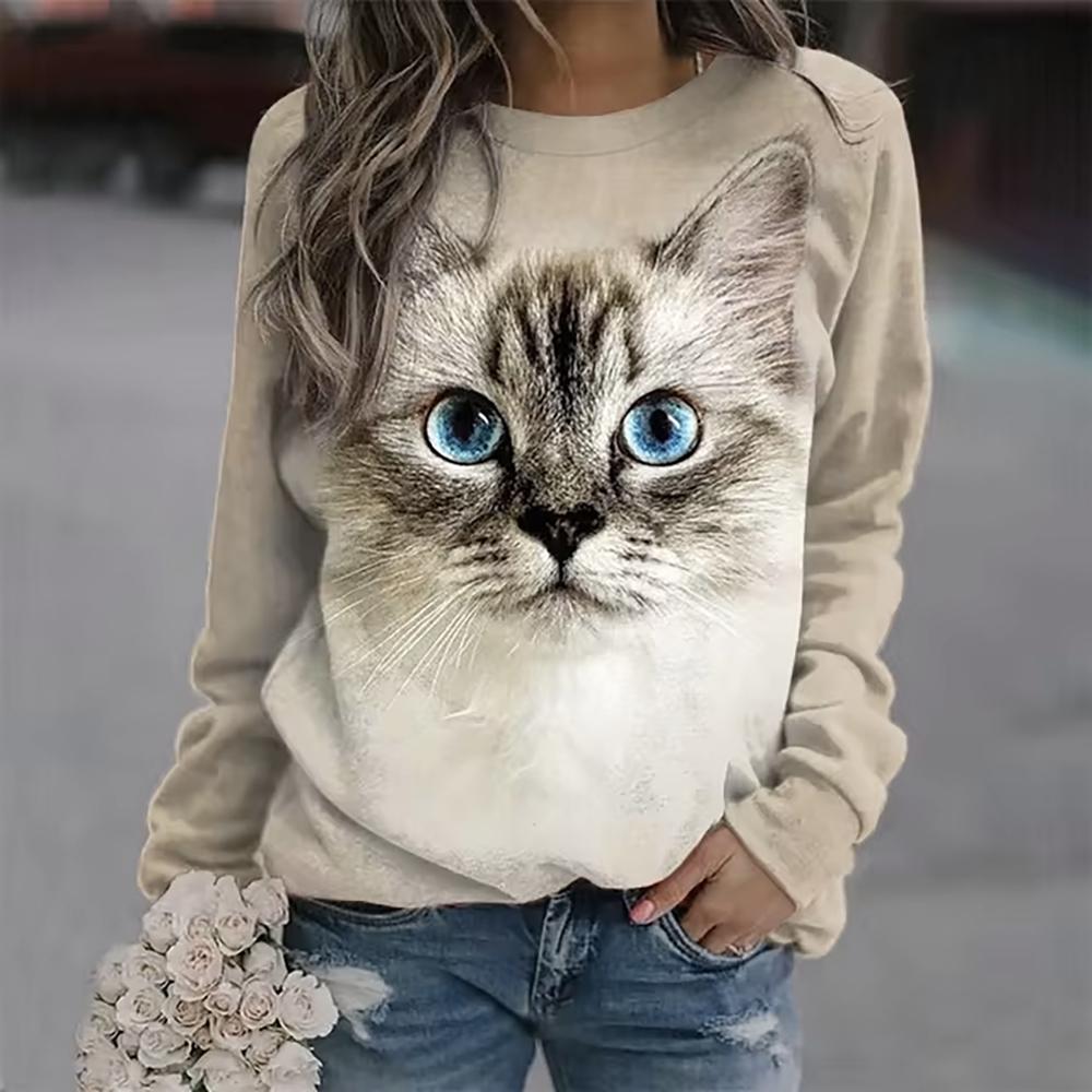 Women's Crew Neck Hoodie Sweatshirt Cat Graphic 3D Print Daily Basic Casual Long Sleeve Tops Gray Brown White