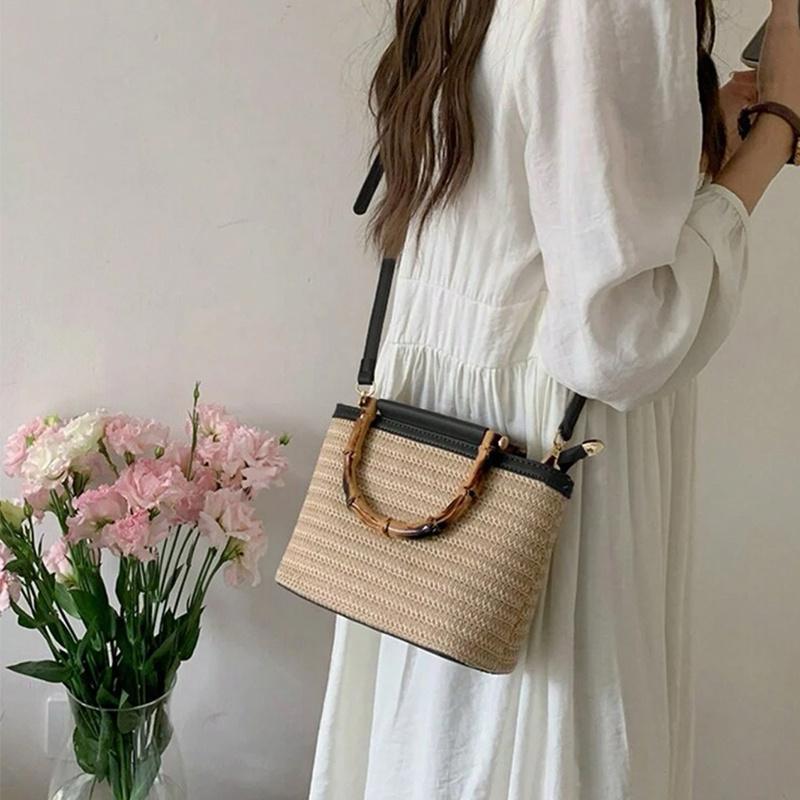 Weaving Bag Summer New Bamboo Handle Tote Straw Bag Niche Simple Shoulder Crossbody Bucket Bag Women's Bag AVE