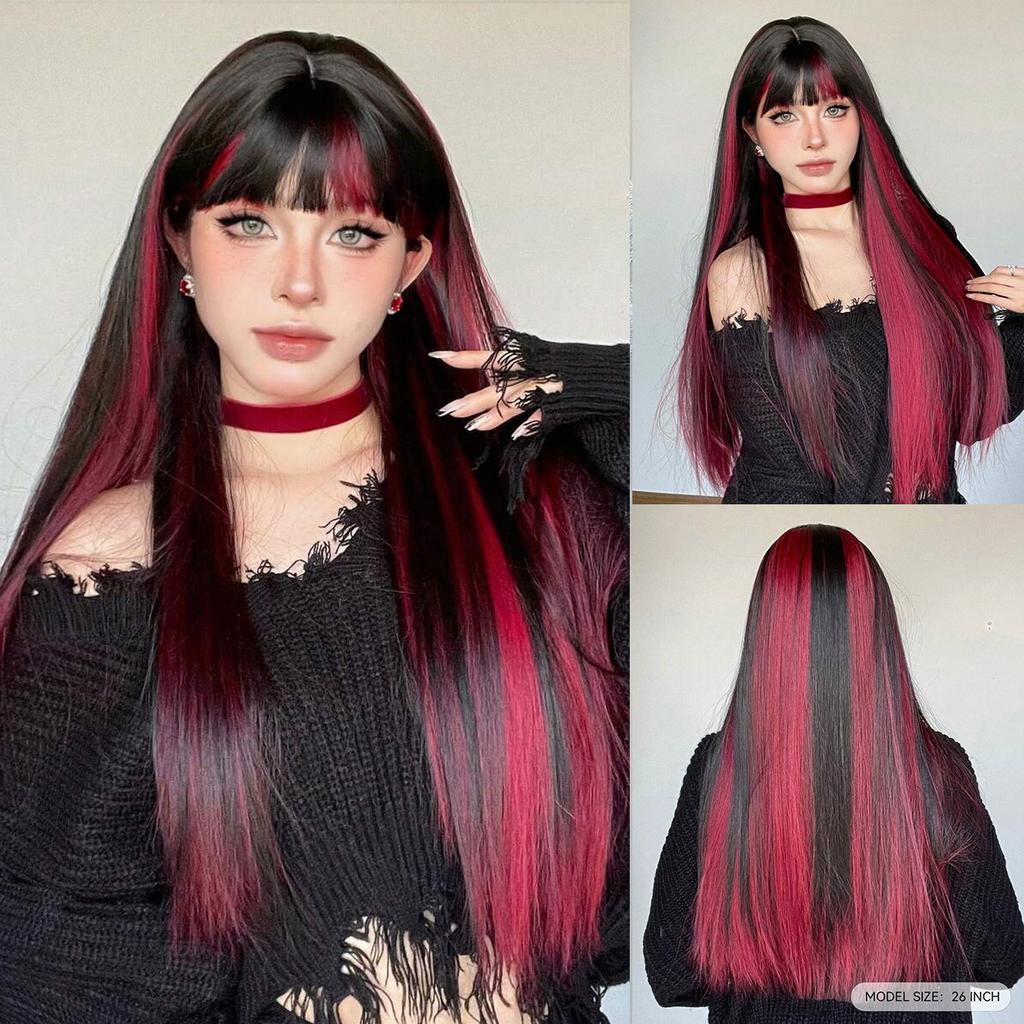 Zwarte Highlights Roze Synthetische Pruik met Pony Lange Rechte Zwarte Highlights Rode Pruik Voor Vrouwen Cosplay Feest Kerstpruik 26inch