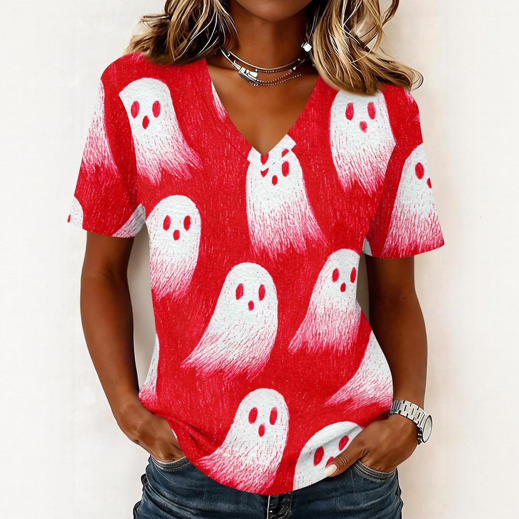 Women's Casual Short Sleeve V Neck Pullover Top Halloween Print Lightweight Loose Fit Tee Shirt