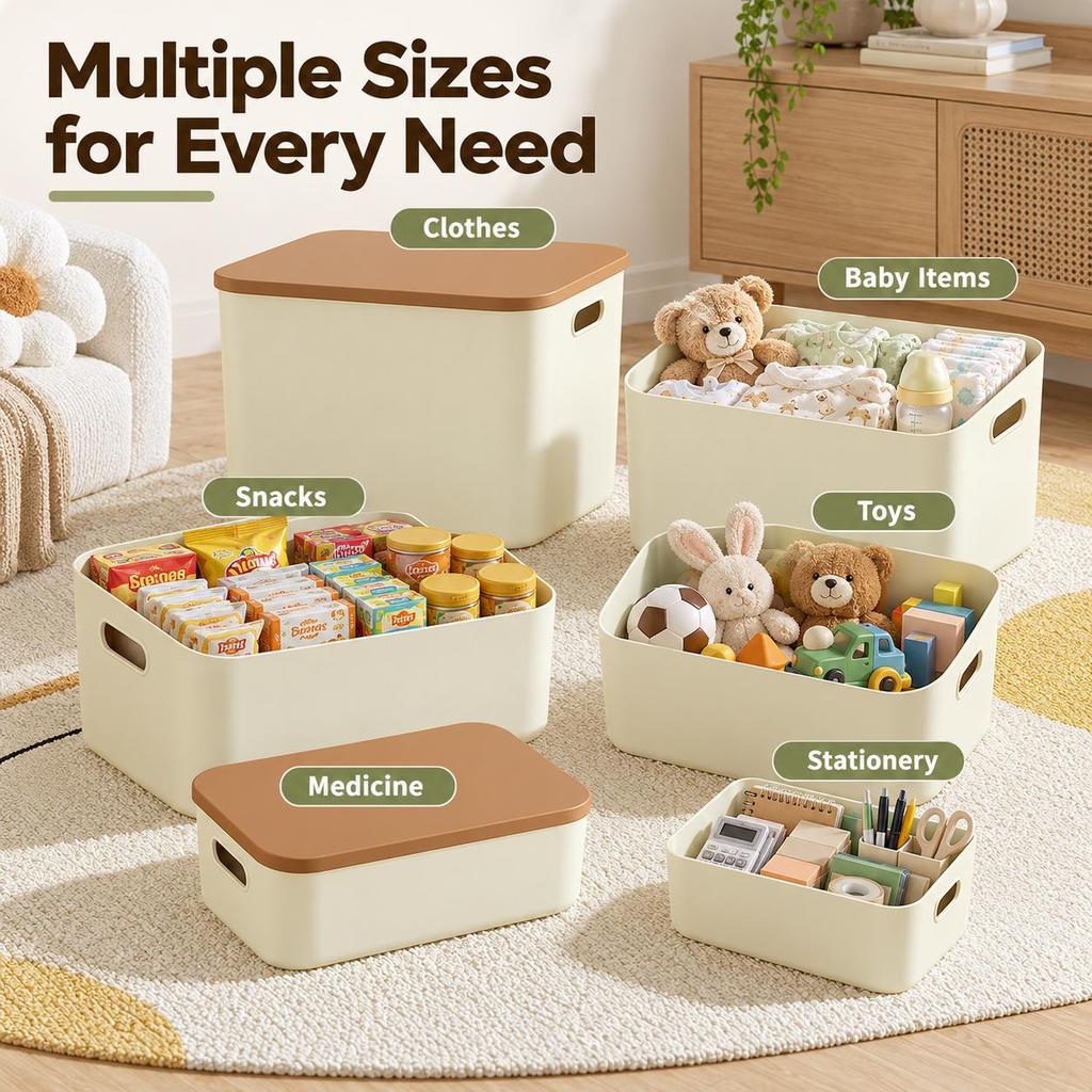 Cream Storage Box with Lid, Stackable PP Organizer Bin with Handles for Closet, Shelf, Kids Room and Home Storage