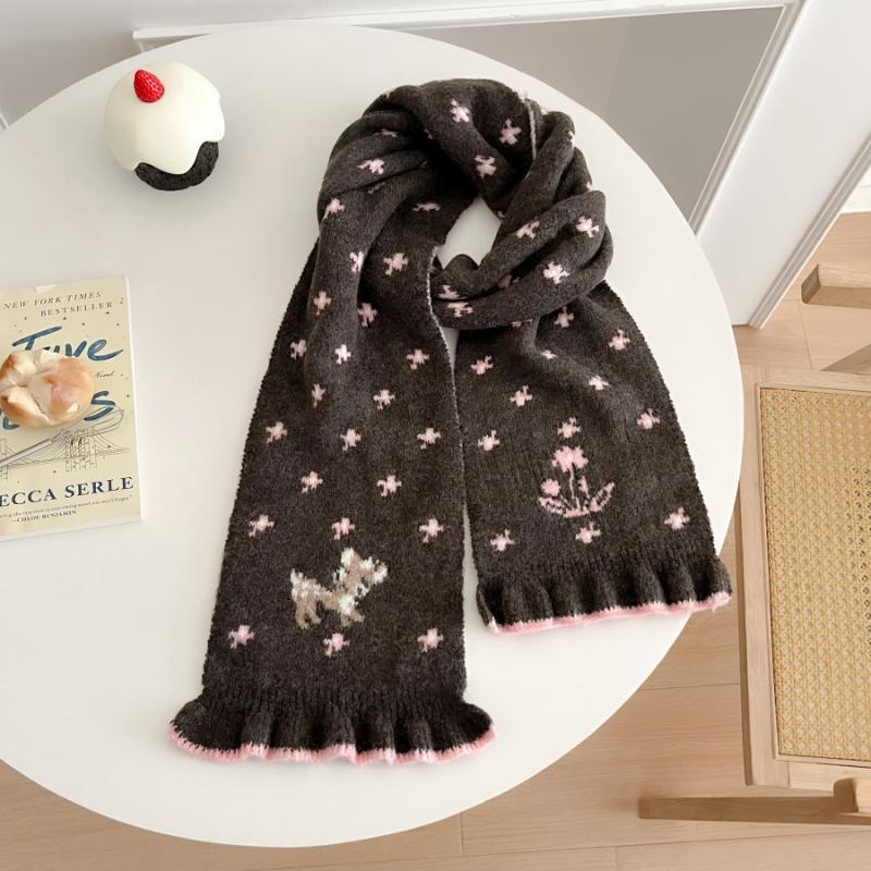 Ladies' Scarves Korean Cartoon Deer Floral Kawaii Sweet Versatile Cute Scarfs Thicked Warm High-Quality Cashmere Knitted Scarfs