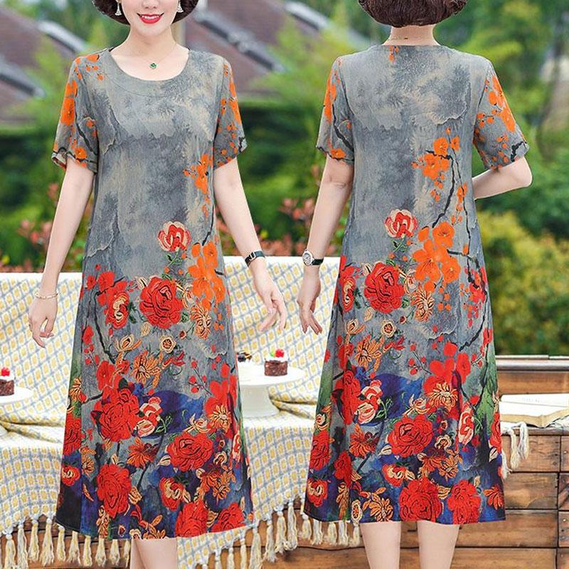 Casual Vintage Floral Printed Midi Dress Folk Female Clothing O-Neck A-Line Summer New Short Sleeve Stylish Spliced Dresses