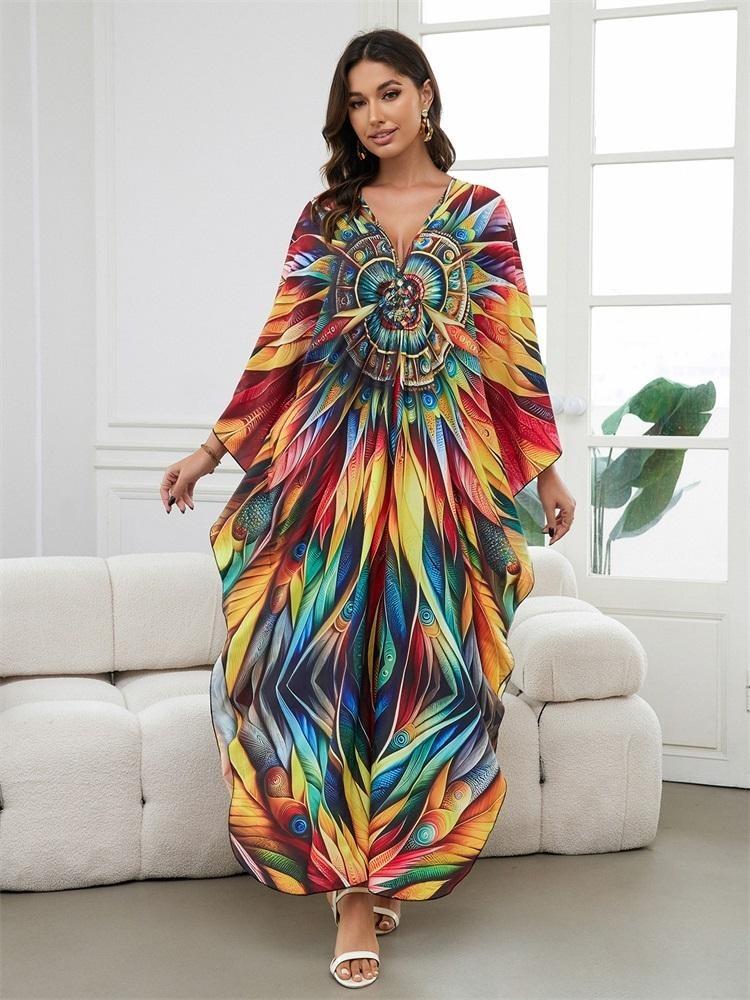 Women Plus Size Kaftan Dress Bohemian Printed Beach Swim Suit Summer Long Homewear Colorful Outfit