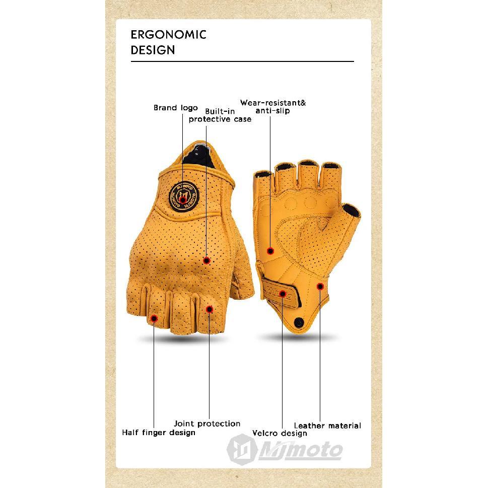 MJMOTO Retro Leder Motorrad Halbfingerhandschuhe Touchscreen Motocross Handschuhe Hartschalen Schutz Motorradhandschuh Atmungsaktiv