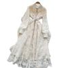 French Temperament Elegant High Sense Heavy Industry Embroidery Mesh Dress Women's Autumn Strap Waist Single Breasted Long Dress