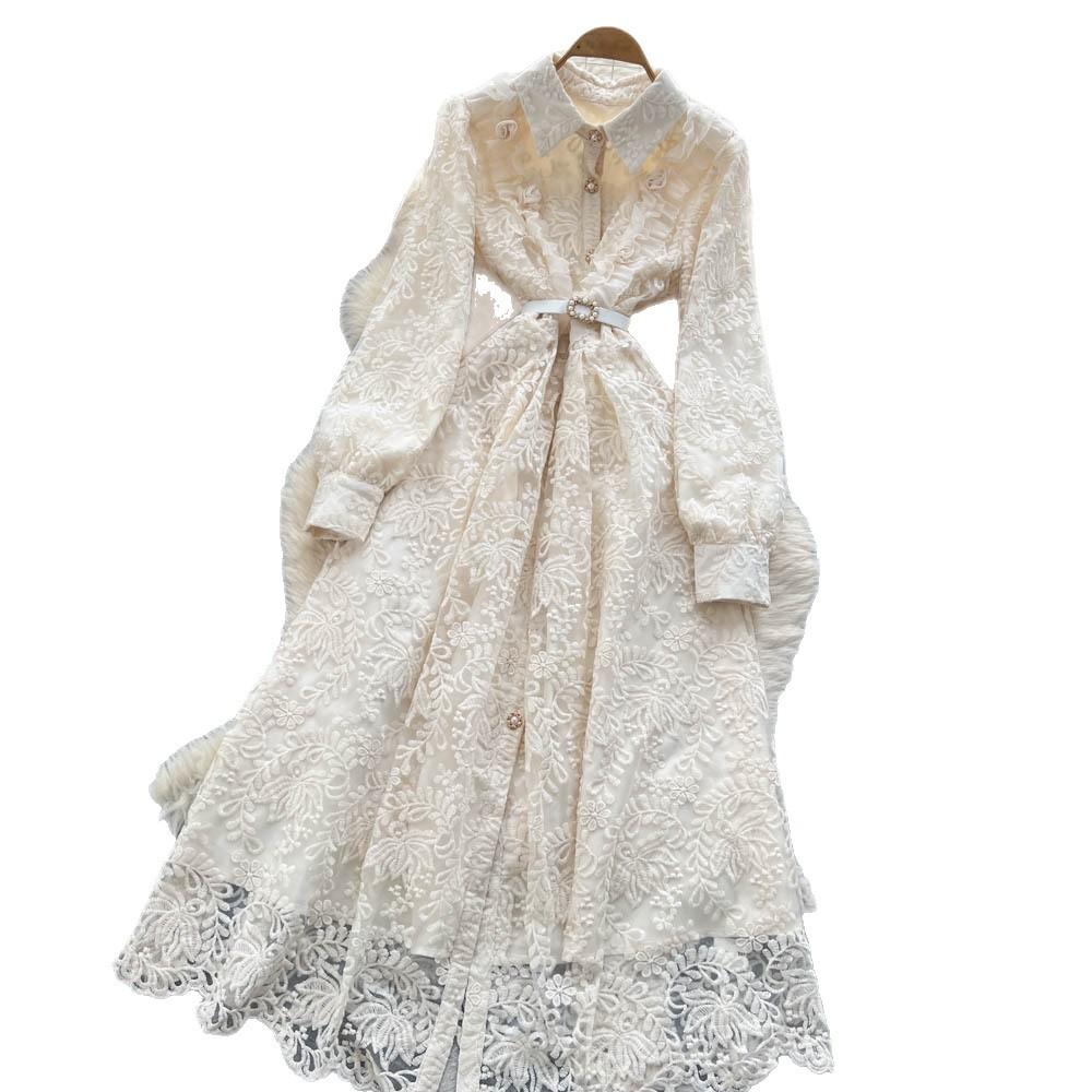 French Temperament Elegant High Sense Heavy Industry Embroidery Mesh Dress Women's Autumn Strap Waist Single Breasted Long Dress