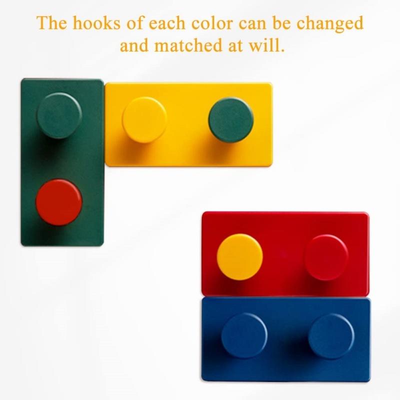 4 Pieces Colorful Building Block Small Hooks Heavy Duty Adhesive Wall Mounted Key Holder Seamless Hanging Hooks for Clothes Caps High Quality