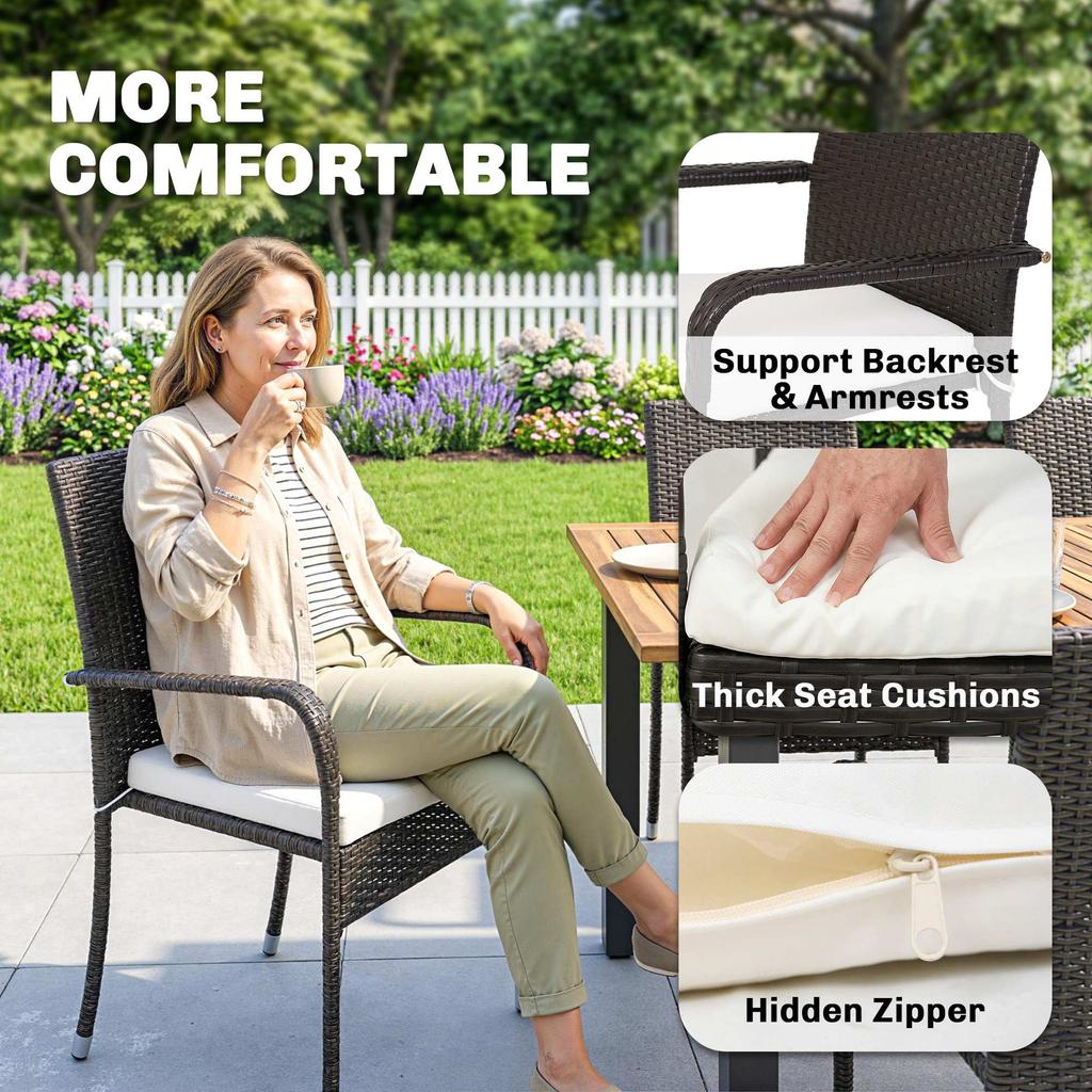 7 Piece Rattan Garden Furniture Set, 6 Seater Garden Table and 6 Stackable Chairs with Extendable Acacia Wood Tabletop