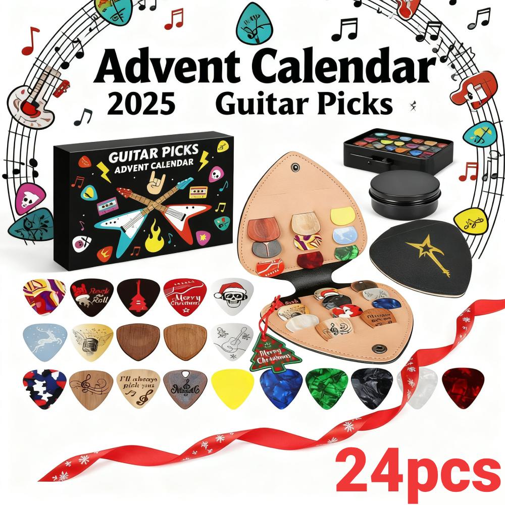 Guitar Picks Musical Countdown Calendar 2025 24 Days Surprises Gift Box Celluloid/Wood Picks Gift for Guitar Bass