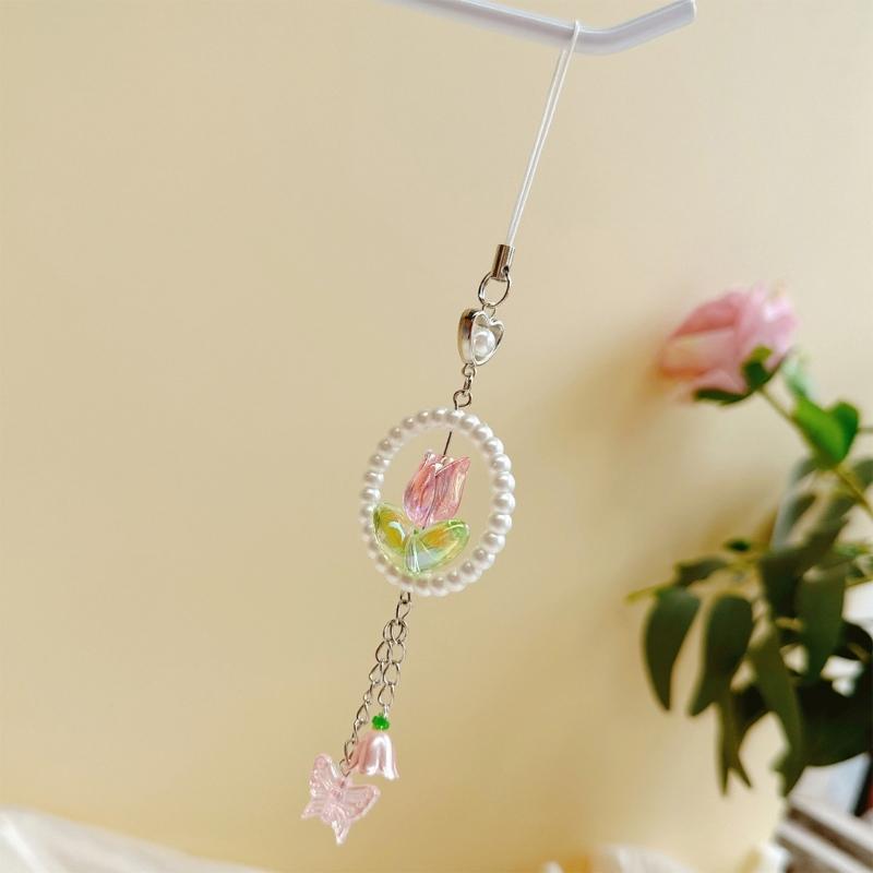 Elegancka Zawieszka do Telefonu Kwiat Motyl Koralikowy Brelok Akrylowy Dodatek do Telefonu Komórkowego Zawieszka do Torby Breloczek dla Modnych Kobiet