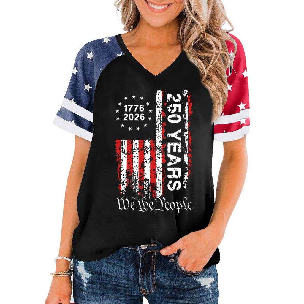 T-shirt décontracté à col en V pour femme, manches courtes, imprimé graphique 250 ans de liberté, haut Jour de l'Indépendance