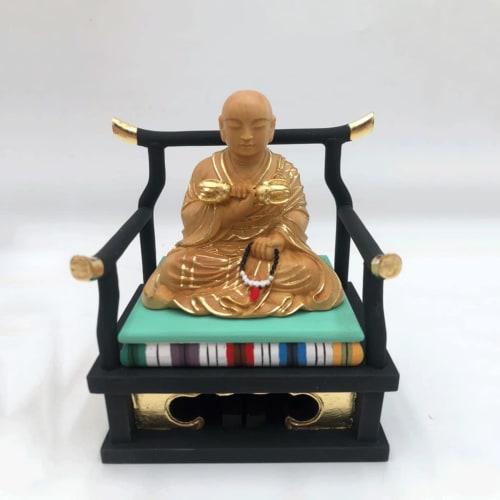 

Seated Kobo Daishi Wooden Buddha Statue, Square Base, High-Quality Boxwood, 12cm Tall, Celebrating Kukai, the Founder of Shingon Buddhism, Wooden Carv