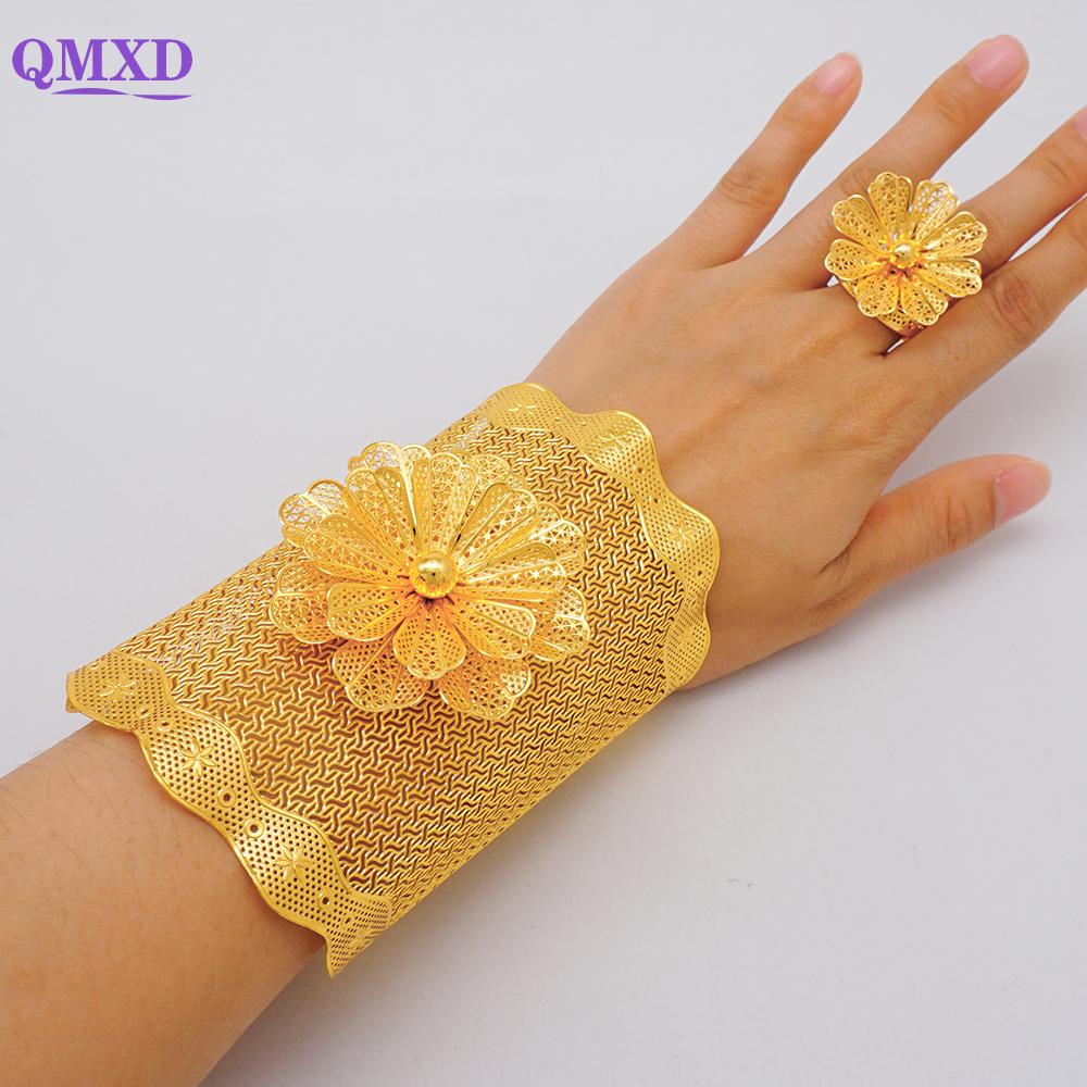 Dubai Gold Color Bracelet With Ring For Women Africa India Morocco 24K Gold Plated Large Bangle For Bridal Wedding Party Gift