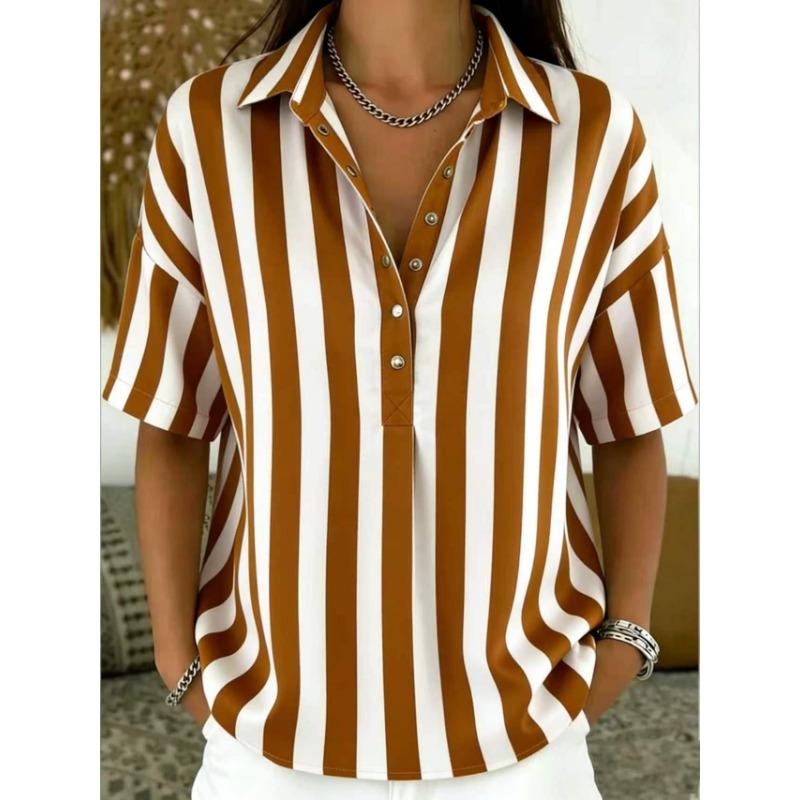 Women Striped Henley Shirt Collared Short Sleeve Casual Loose Fit Blouse