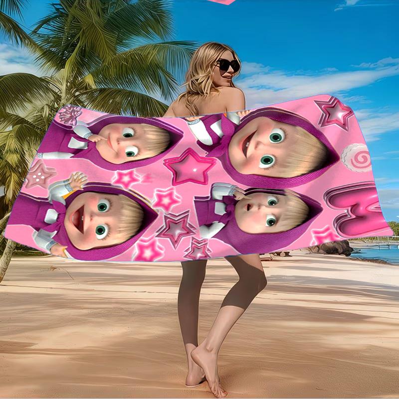 Heart-themed Ma-sha Illustration. Beach Towel Microfiber Beach Towel, Lightweight and Quick-Dry, for Summer Travel, Swimming Pool Fan Birthday Gift