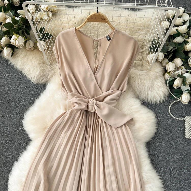 Sommer Neues Französisches Chic Maxikleid Damen V-Ausschnitt Ärmellos Schnürung A-Linie Falten Damenkleider Damen