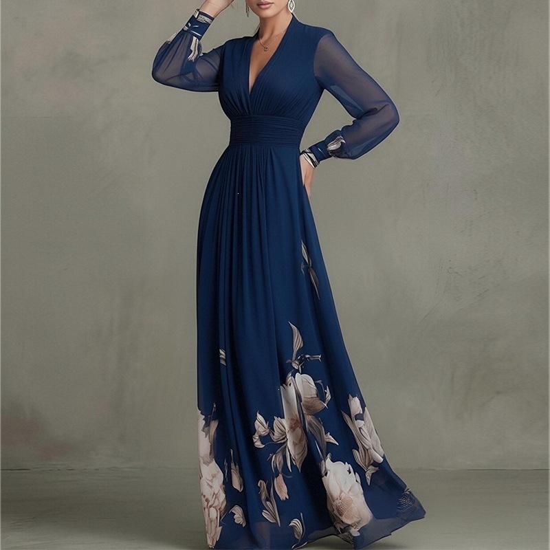 2026 Cross-border Foreign Trade Women's Clothing, New Spring Models In Europe, America, Fashionable and Elegant Printed Waist V-neck Pendulum Dress