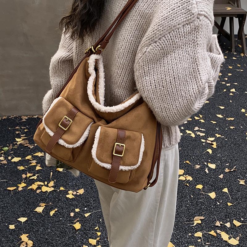 Korean Fashion Exquisite Versatile Simple Casual Shoulder Double Shoulder Foreign Style Suede 2025 Autumn and Winter Women's Tote Bag