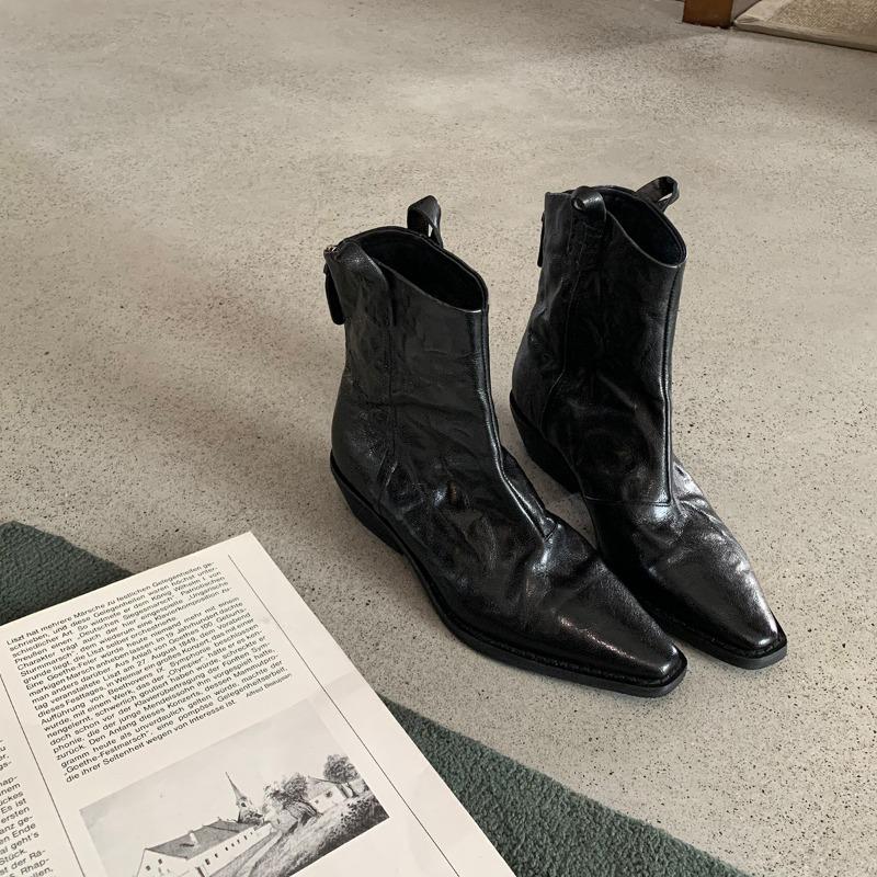 Sheepskin Version~ Pointed V-mouth Western Boots Women's Chelsea Retro Pleated Thin Boots Thick Heel Leather Short Boots