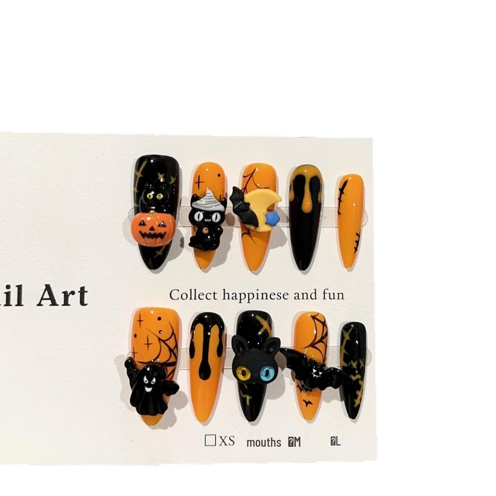 Handcrafted Halloween Pumpkin Bat False Nail Set - High-End, Autumn/Winter Orange-Yellow Design