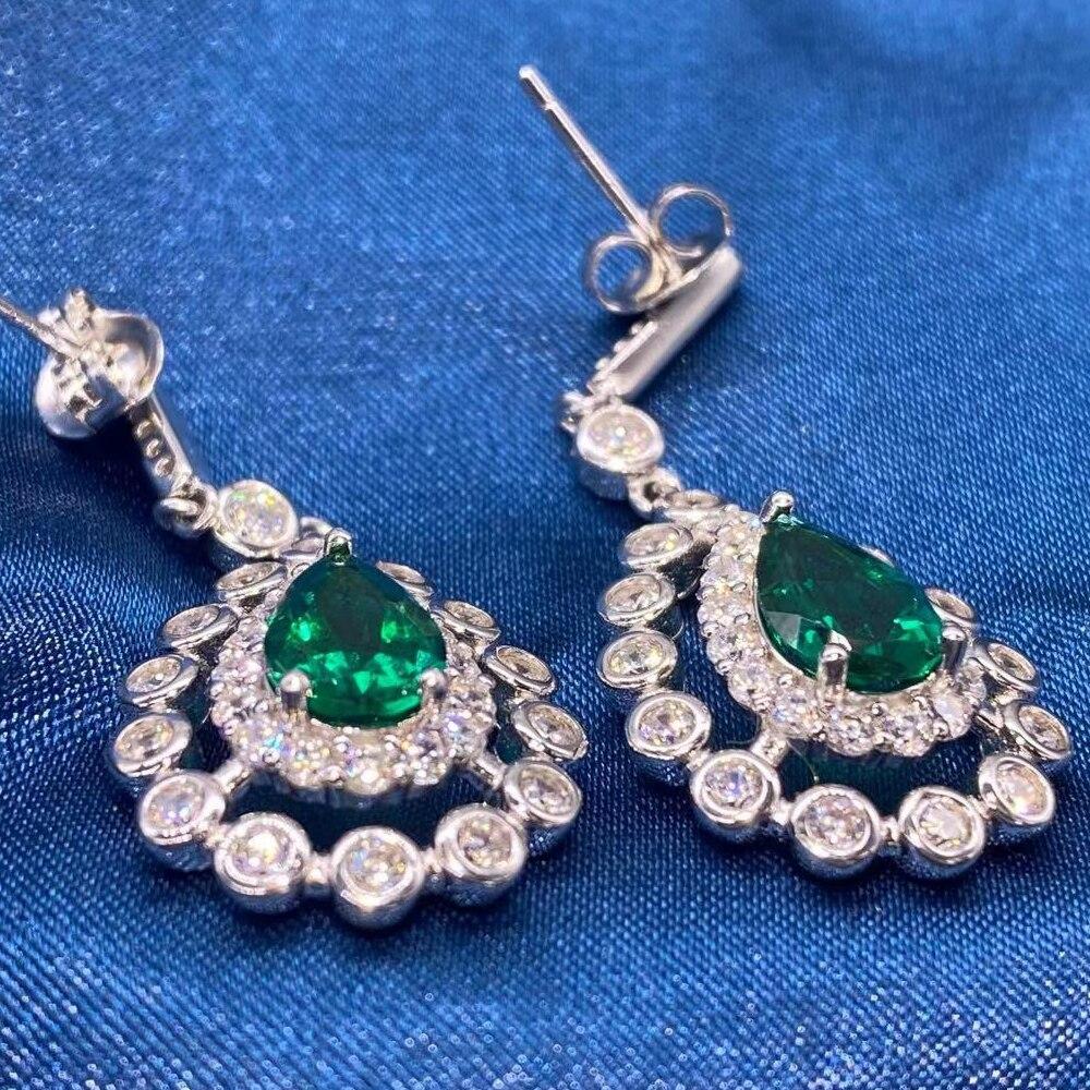 925 Sterling Silver Crushed Ice Pear Cut 2ct Emerald Created Moissanite Gem Wedding Drop Earrings Fine Jewelry
