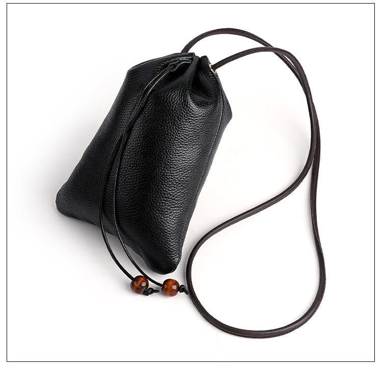 New Genuine Leather Drawstring Shoulder Bag with Earphone and Cable Storage - Korean Style Cowhide Messenger Bag