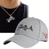 2pcs Men's Baseball Cap Necklace Set Embroidered Fish Outdoor Camouflage Leisure Cap Motorbike Titanium Steel Models Pendant Necklace Sun Hat