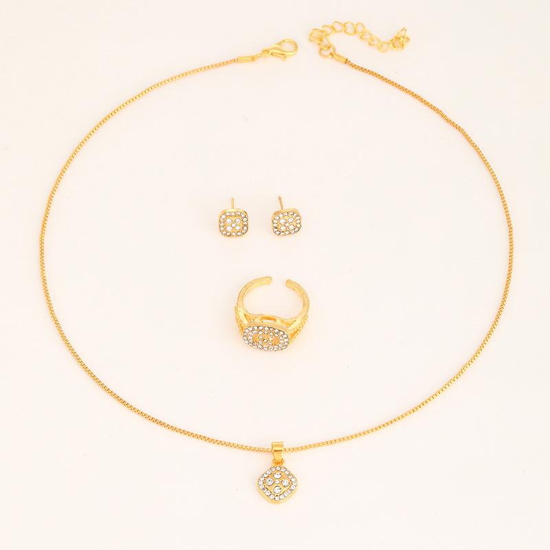 Light Luxury Diamond Geometric Necklace Ring Earrings 3-piece Set Stylish Simple Versatile Necklace Set