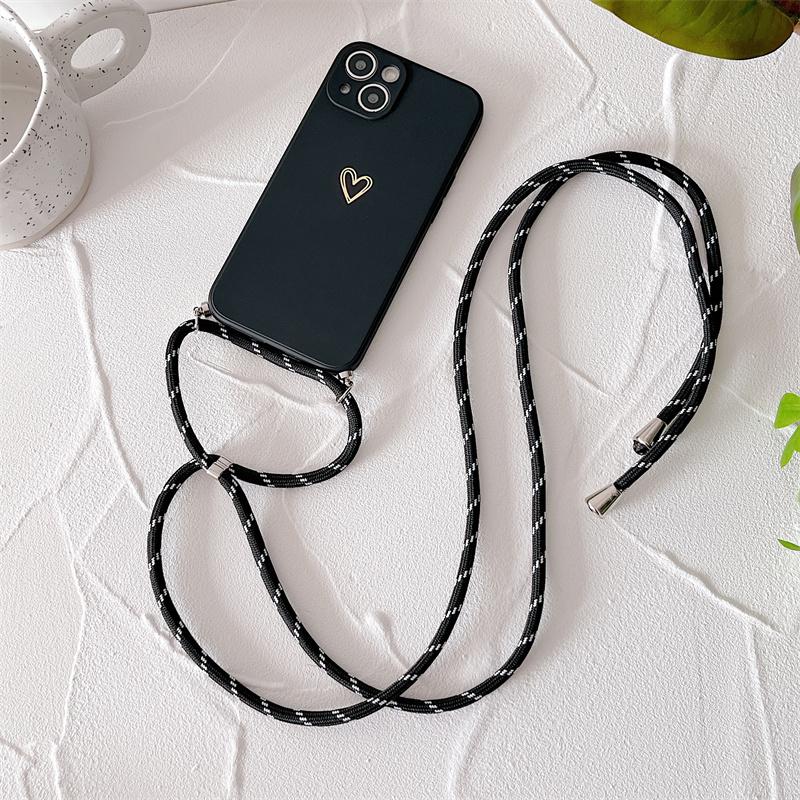 Crossbody Lanyard Silicone Phone Case For iPhone 15 14 11 12 13 Pro Max Mini 8 7 6 Plus 10 X Xr Xs Max SE Love Heart Cover