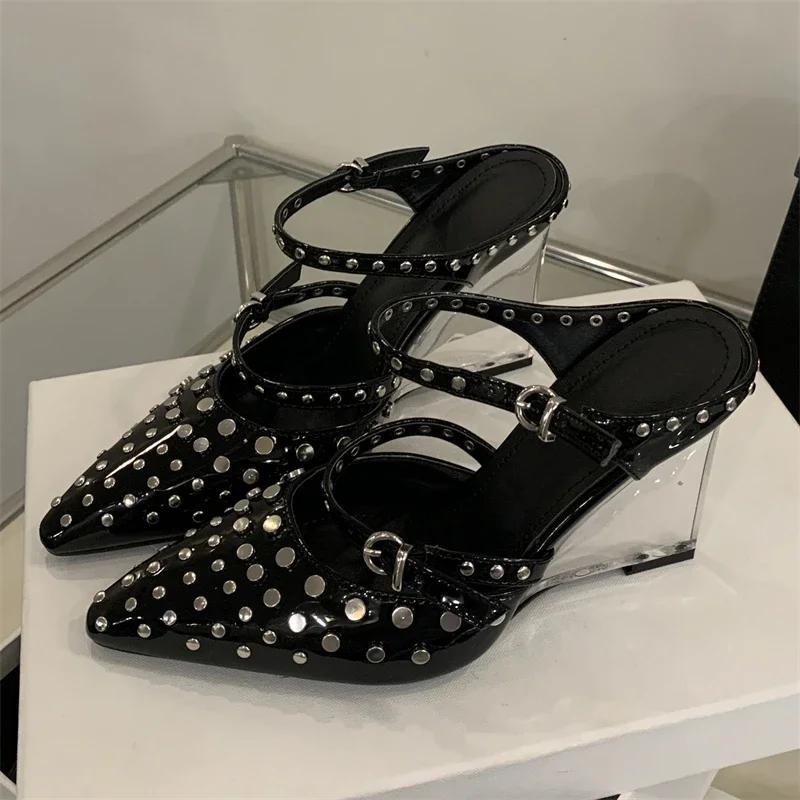 2025 New Design Rivet Crystal Wedges Heels Slippers Women Narrow Band Buckle Strap Elegant Pumps Mules Shoes