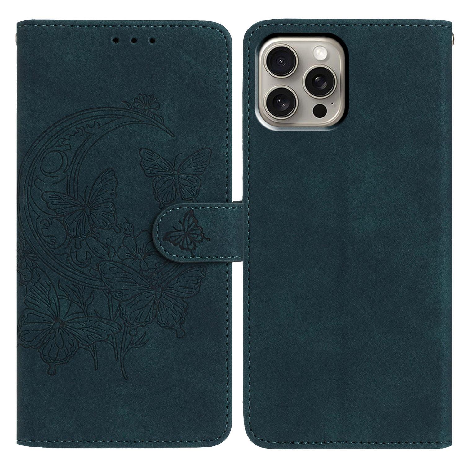 

For iPhone 15 Pro Max Case Butterfly Flower Imprinted PU Leather Wallet Stand Phone Cover Green