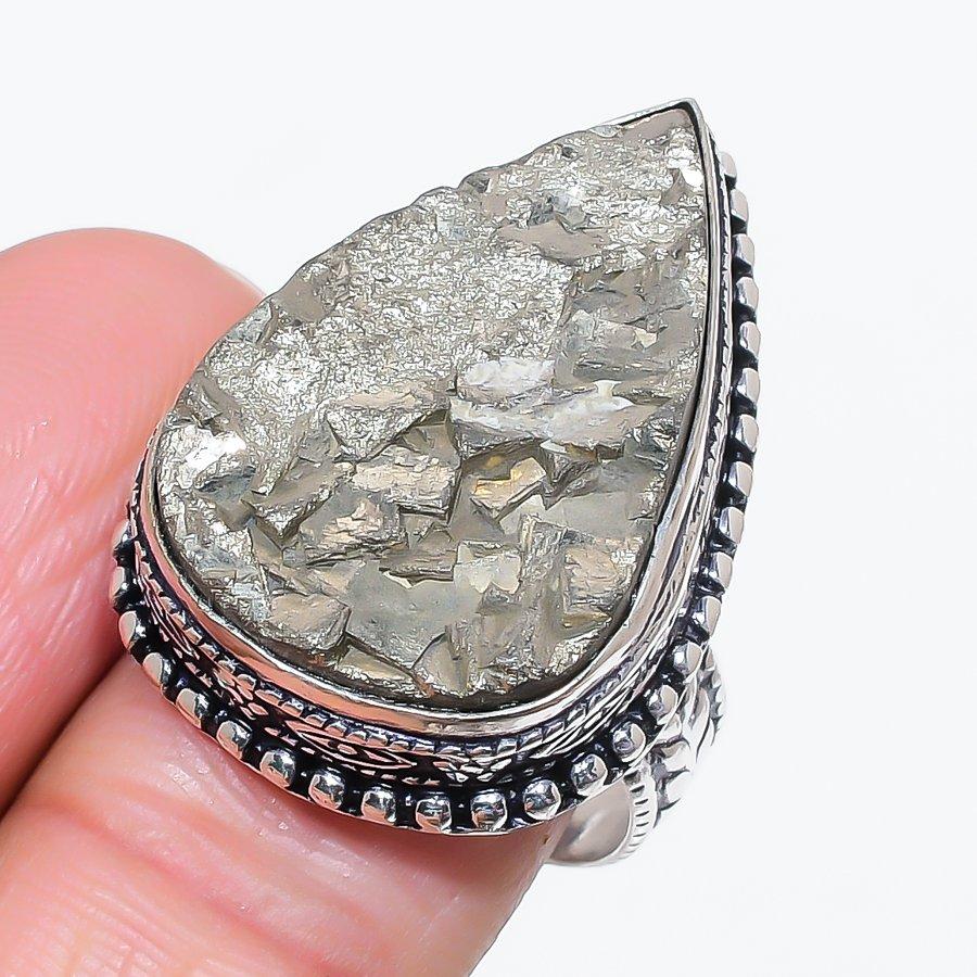 

Натуральный Пирит Друза Драгоценный камень 925 Стерлинговое серебро Ювелирное кольцо Размер 9 r3Z57