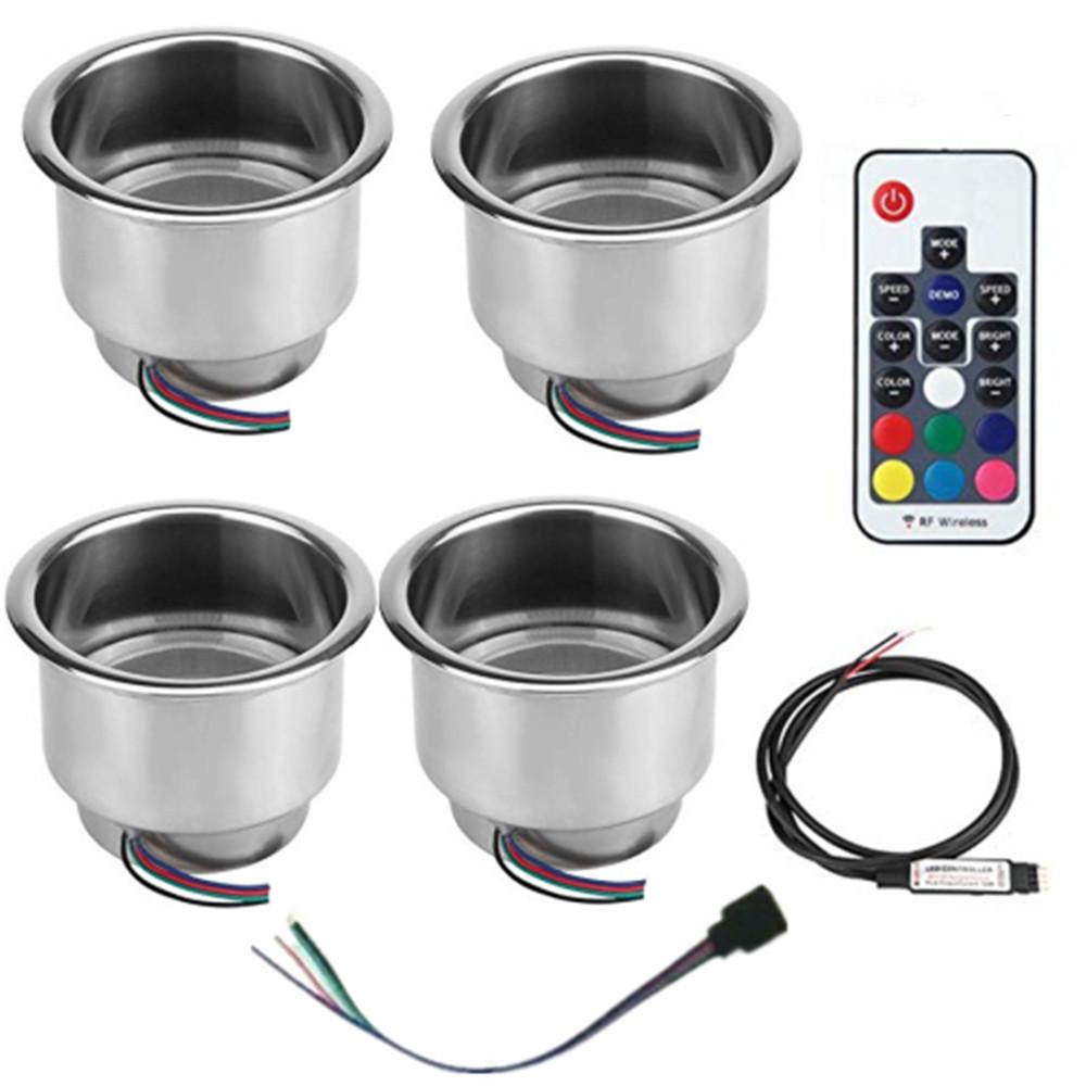 

4x Stainless Steel Cup Drink Holder with 14LED RGB Lights+Remote Car Marine Boat