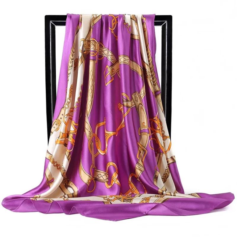 90*90cm Satin Scarf for Women Cashew Flower Print Chain Scarf Spring and Summer New Style Shawl Scarf for Women 2024 New Style