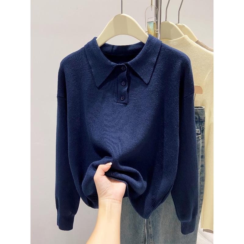 

Soft waxy large size slightly fat mm loose sweater women s polo collar button versatile knitted sweater autumn and winter solid color casual top L темно-синий