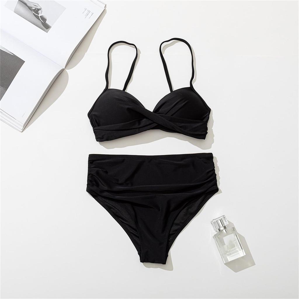Women's Two Piece High Waist Bikini Set Padded Wireless Swimsuit Solid Color Adjustable Straps Swimwear Beachwear
