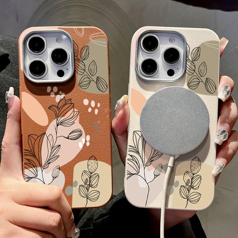 For Magsafe Magnetic Matte Line Flower Print Phone Case for iPhone 16 15 Pro 14 Plus 13 12 Pro Max 11 Shockproof Soft Tpu Slim Leather Texture Cover