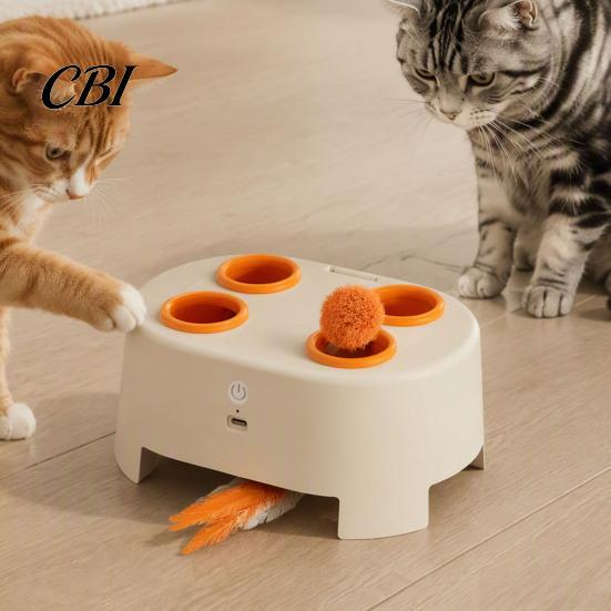 Cat Toy with Feathers Electric Interactive & Pompoms, USB Rechargeable Automatic Teaser Pet Toy, Indoor Cats Boredom Enrichment Electronic Toys
