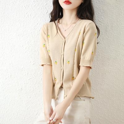 Cardigan en coton tricoté à manches en dentelle petite marguerite à col en V pour femmes, été, nouveau, version coréenne, fin, à manches courtes, chemise de fond