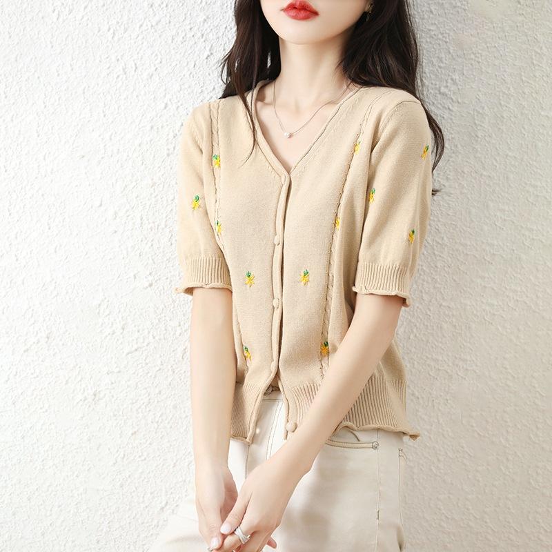 

Кардиган женский летний новый корейский версии тонкий с коротким рукавом и кружевными рукавами «маргаритка», вязаный из хлопка, с V-образным вырезом S бежевый