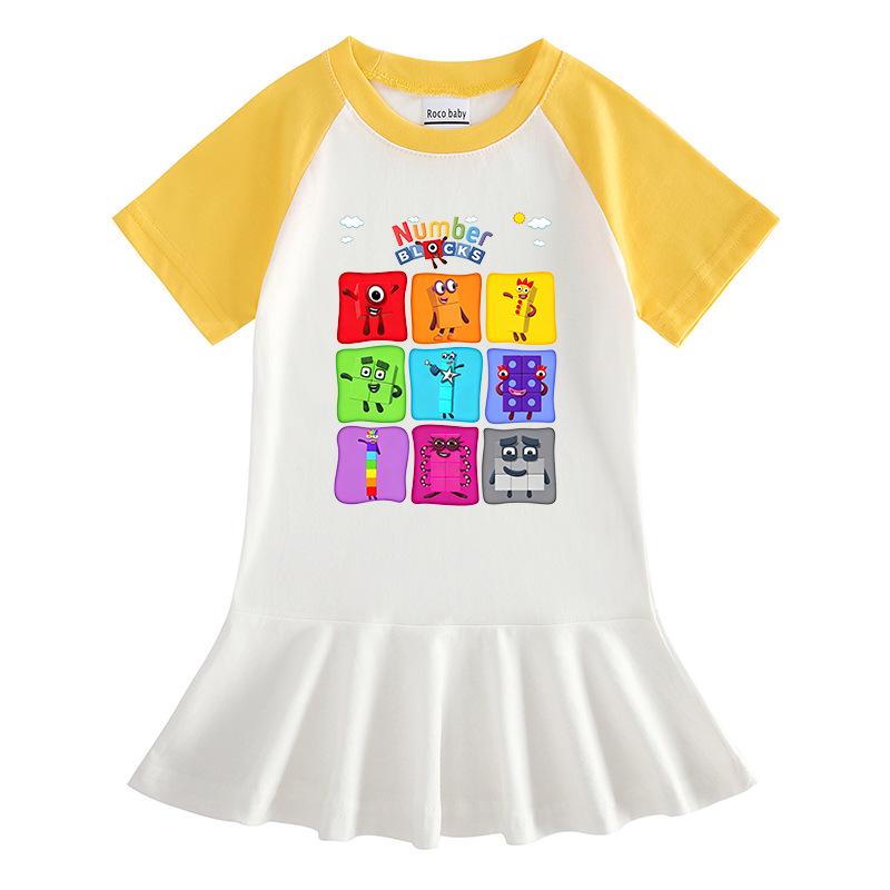 Summer Cartoon Raglan Color Block Pleated Dress for Girls