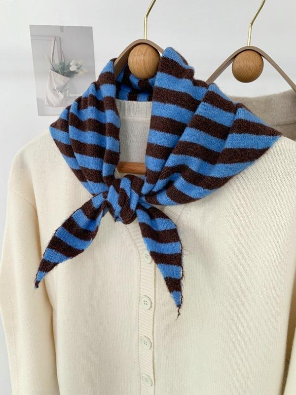 

New Women Wool Scarf Shawl Winter Warm Soft Knitted Striped Triangle Fashion Brand Bandana Lady Wool Scarves One Size синій