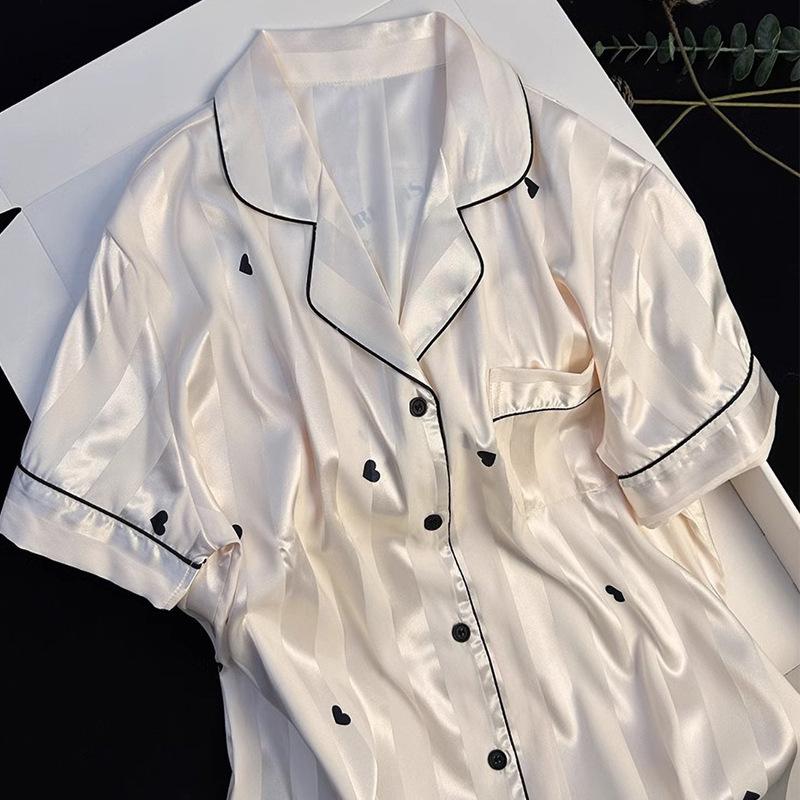 Summer Simulation Silk Striped Simple High-End Women'S Pajamas Cool Love Short-Sleeved Loungewear