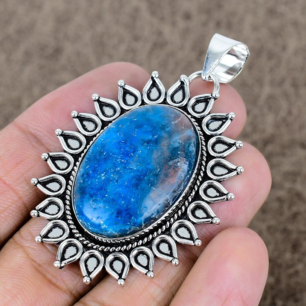 Neon Blue Apatite Gemstone 925 Sterling Silver Jewelry Pendant 2.48" KKG-739