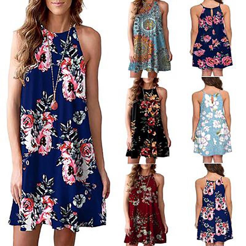 Elegant Women Fashion Splicing Color Print Hanging Neck Hem Mini Dress In Premium Quality Materials