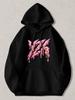 Black Pullover Hoodie with Pink and Golden Dripping Graffiti Text Print, Unisex Streetwear Sweatshirt with Kangaroo Pocket for Cas