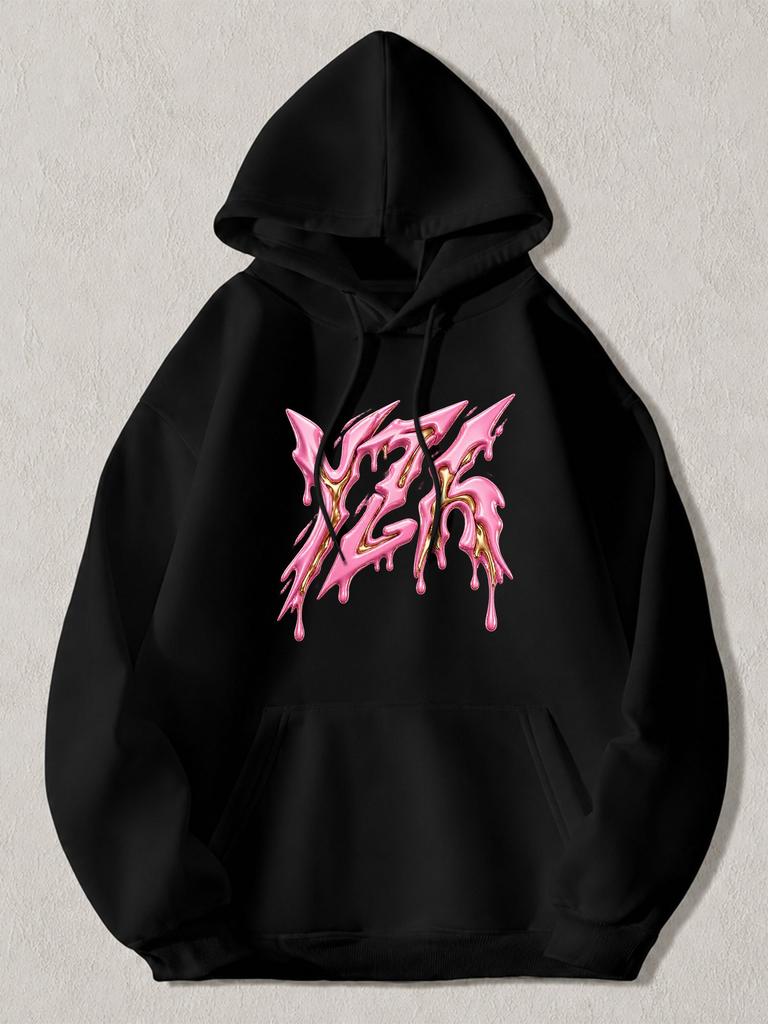 Black Pullover Hoodie with Pink and Golden Dripping Graffiti Text Print, Unisex Streetwear Sweatshirt with Kangaroo Pocket for Cas